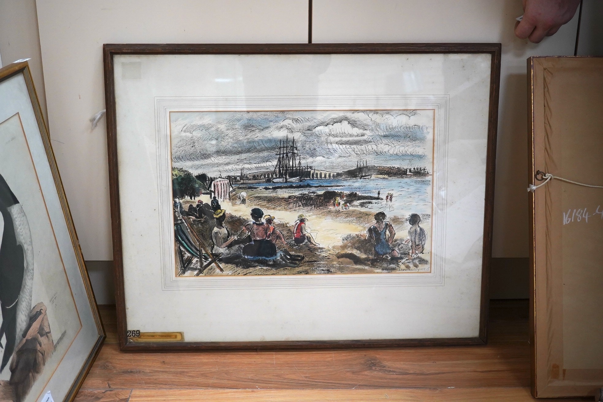 Charles Tcherniawsky (Russian/French, 1900-1976), watercolour and ink, 'Picnic in the Estuary', signed and dated 1935, various labels verso, 31 x 49cm. Condition - fair